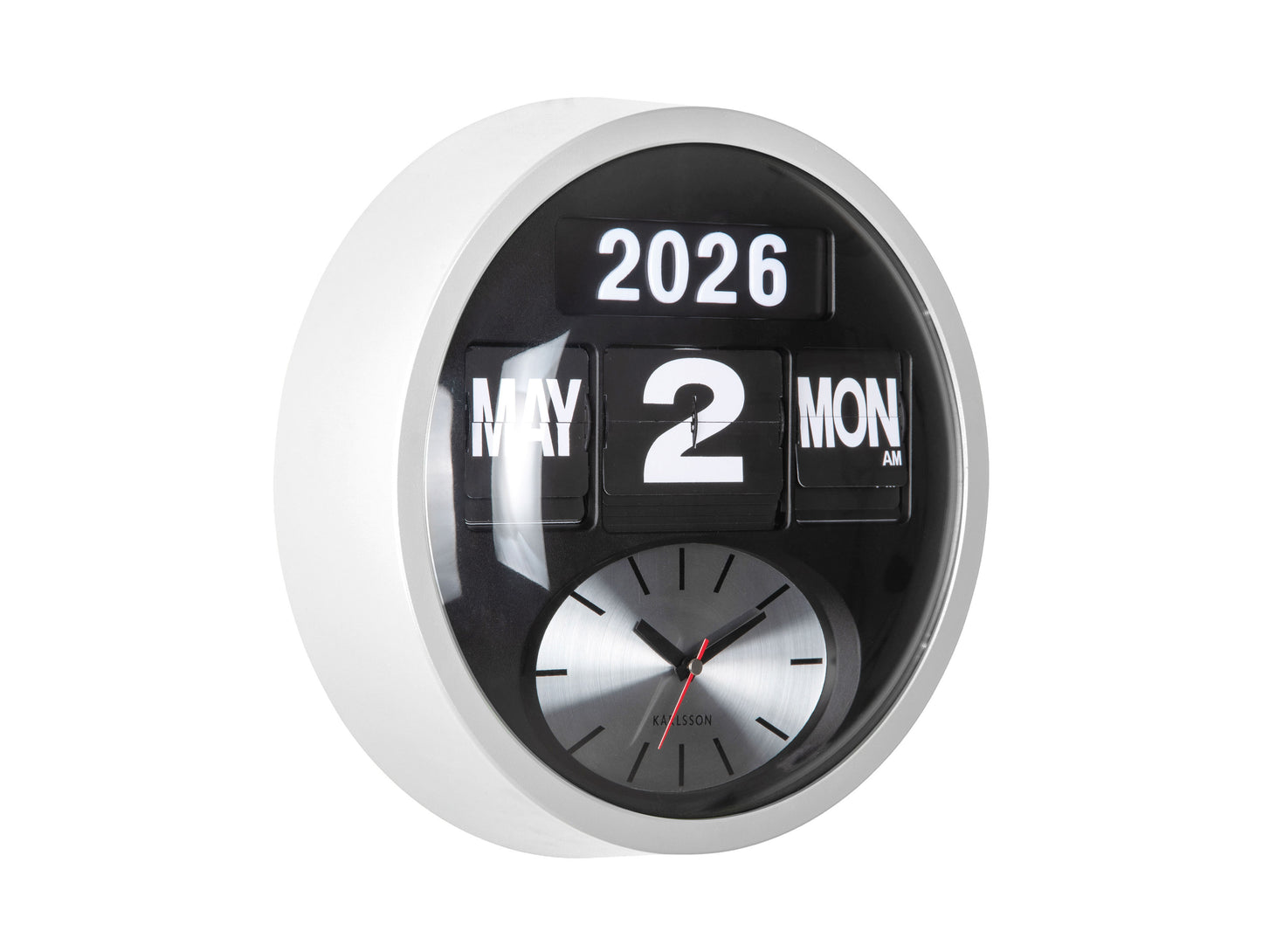 Horloge murale ronde avec cadre blanc, cadran noir et calendrier à bascule jusqu'en 2026 ; aiguilles analogiques