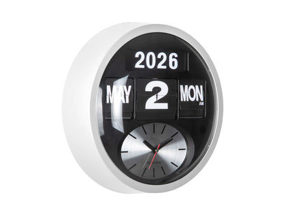 Horloge murale ronde avec cadre blanc, cadran noir et calendrier à bascule jusqu'en 2026 ; aiguilles analogiques