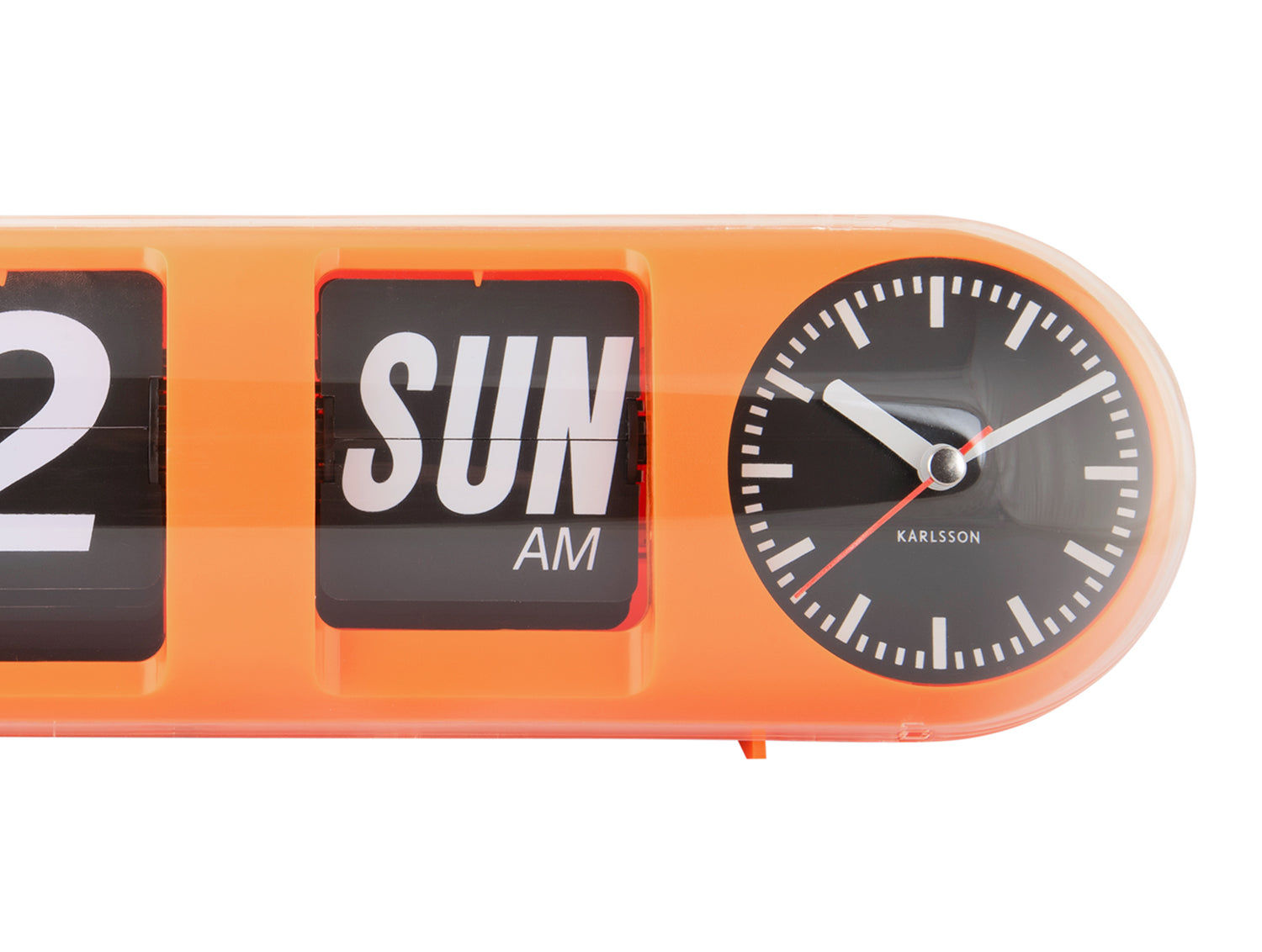 Horloge murale orange à chiffres rabattables avec affichage SUN et 2 et cadran analogique