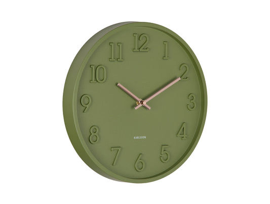 Horloge murale ronde verte avec chiffres arabes, deux aiguilles roses