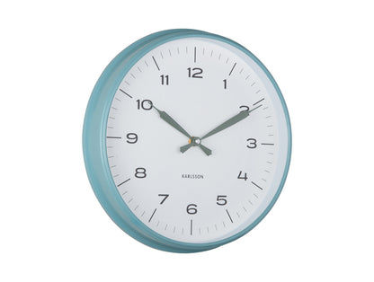Horloge murale avec cadre bleu, cadran blanc et aiguilles vertes, Karlsson