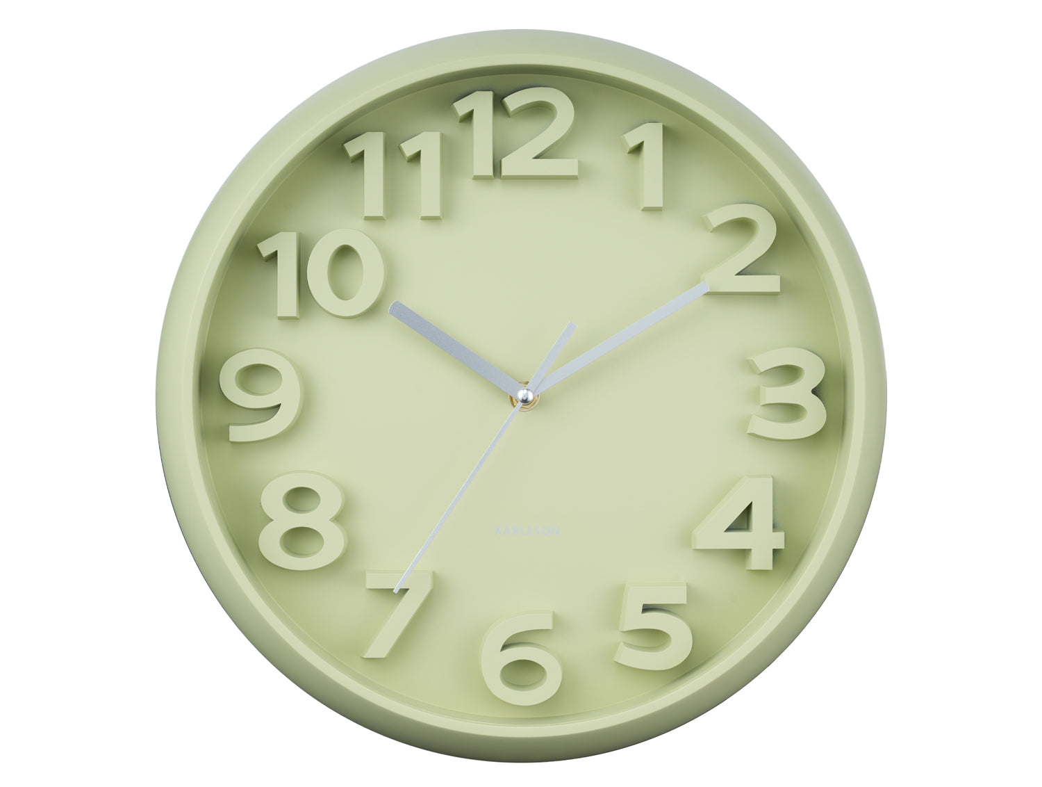 Horloge murale avec cadran vert, chiffres en relief et deux aiguilles