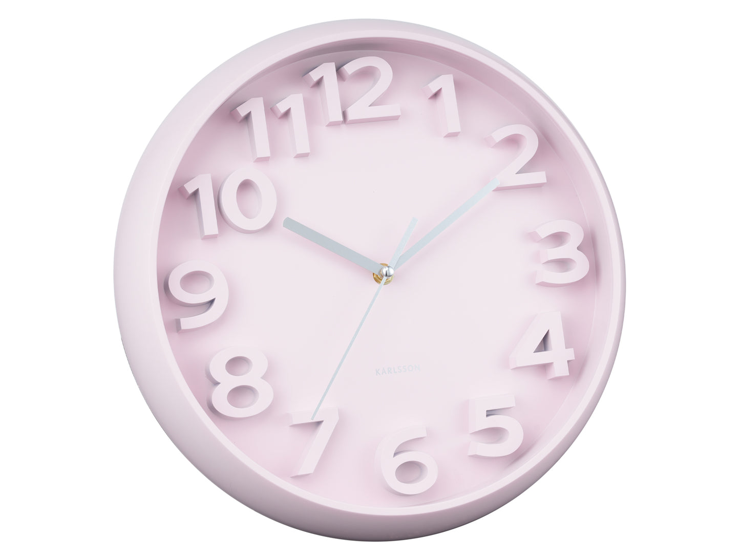 Horloge murale rose pâle avec chiffres arabes et deux aiguilles, vue de face