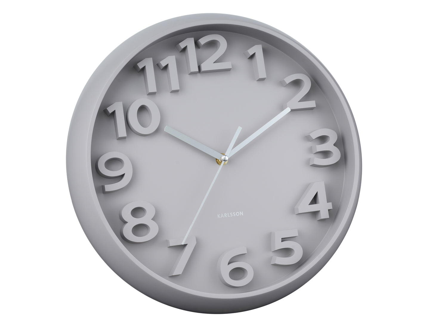 Horloge murale ronde avec chiffres arabes, boîtier gris et cadran gris clair