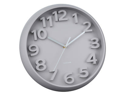 Horloge murale ronde avec chiffres arabes, boîtier gris et cadran gris clair