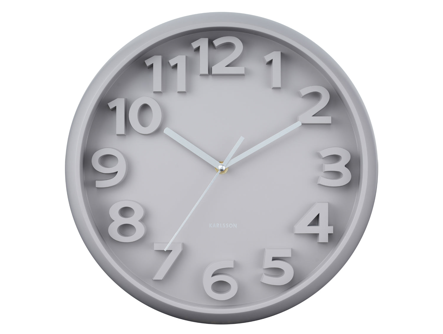 Horloge murale ronde avec chiffres arabes, bordure gris argenté et cadran gris clair