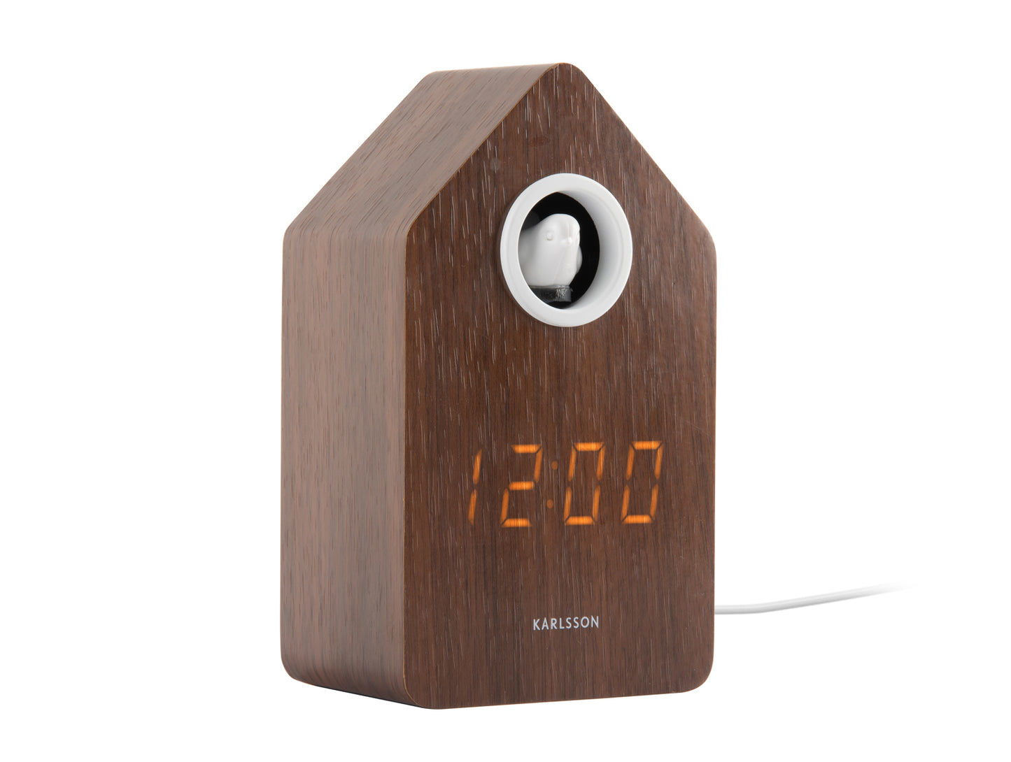 Horloge coucou en placage de bois foncé avec écran LED et ouverture ronde