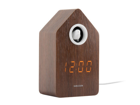 Horloge coucou en placage de bois foncé avec écran LED et ouverture ronde