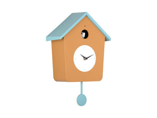 Horloge murale coucou avec maison beige, toit bleu, cadran blanc et pendule ronde