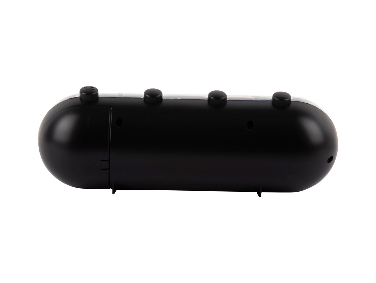 Réveil rétro avec boîtier tubulaire noir et quatre boutons, vue latérale
