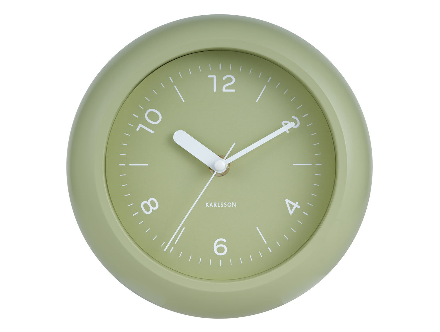 Horloge murale vert thé avec aiguilles et chiffres blancs, ronde