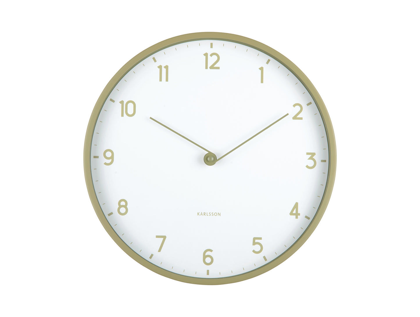 Montre murale ronde : cadran blanc avec index et aiguilles verts, bordure verte