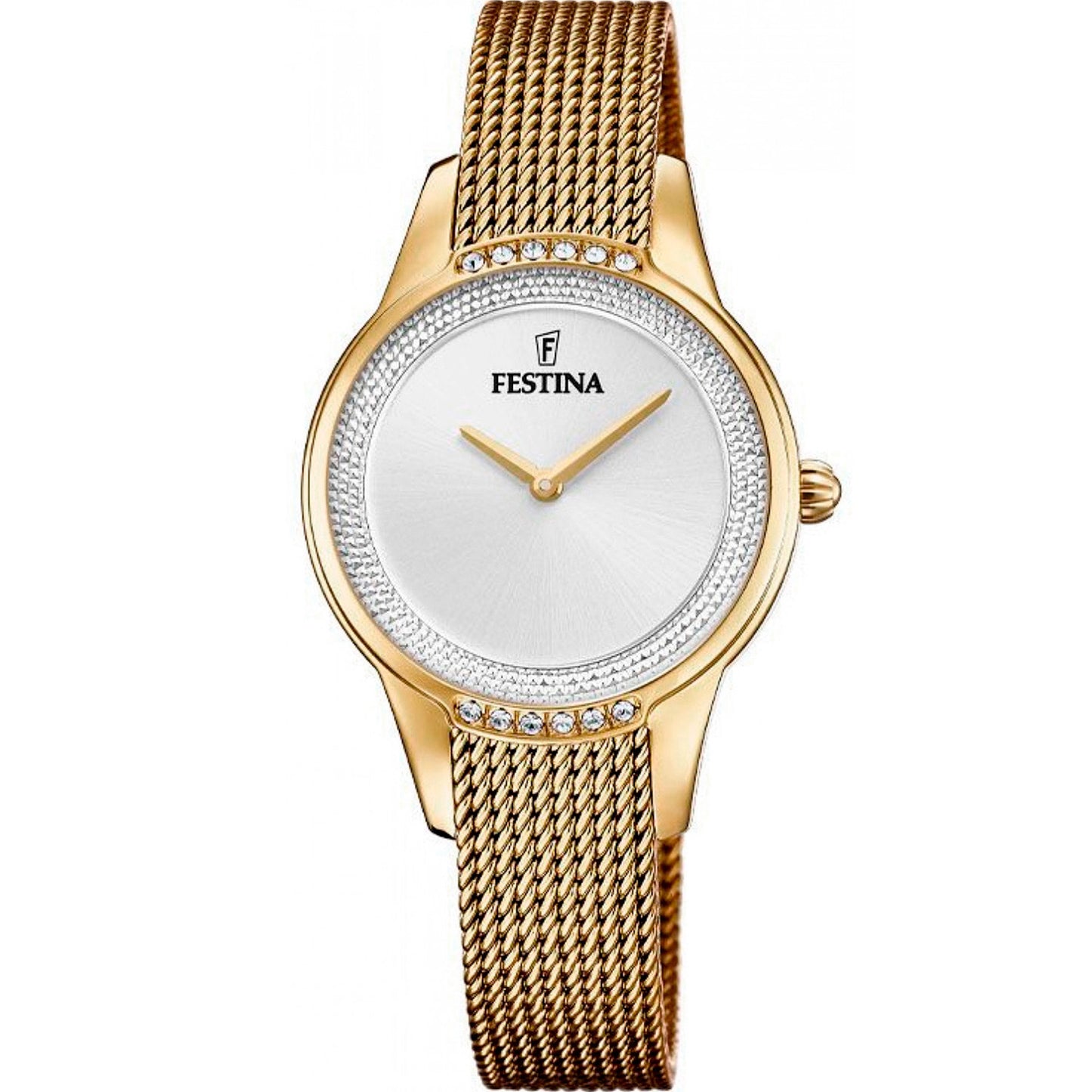 Festina Mademoiselle Damenuhr mit goldfarbenem Metallarmband, runder Zirkonia-Lünette