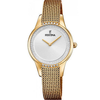 Festina Mademoiselle Damenuhr mit goldfarbenem Metallarmband, runder Zirkonia-Lünette