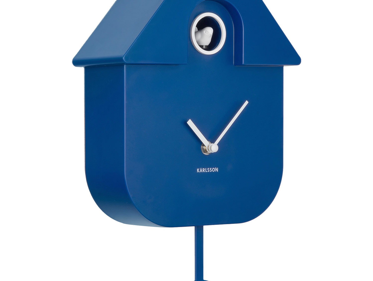 Horloge murale design nichoir, bleu cobalt, détail du cadran et des aiguilles