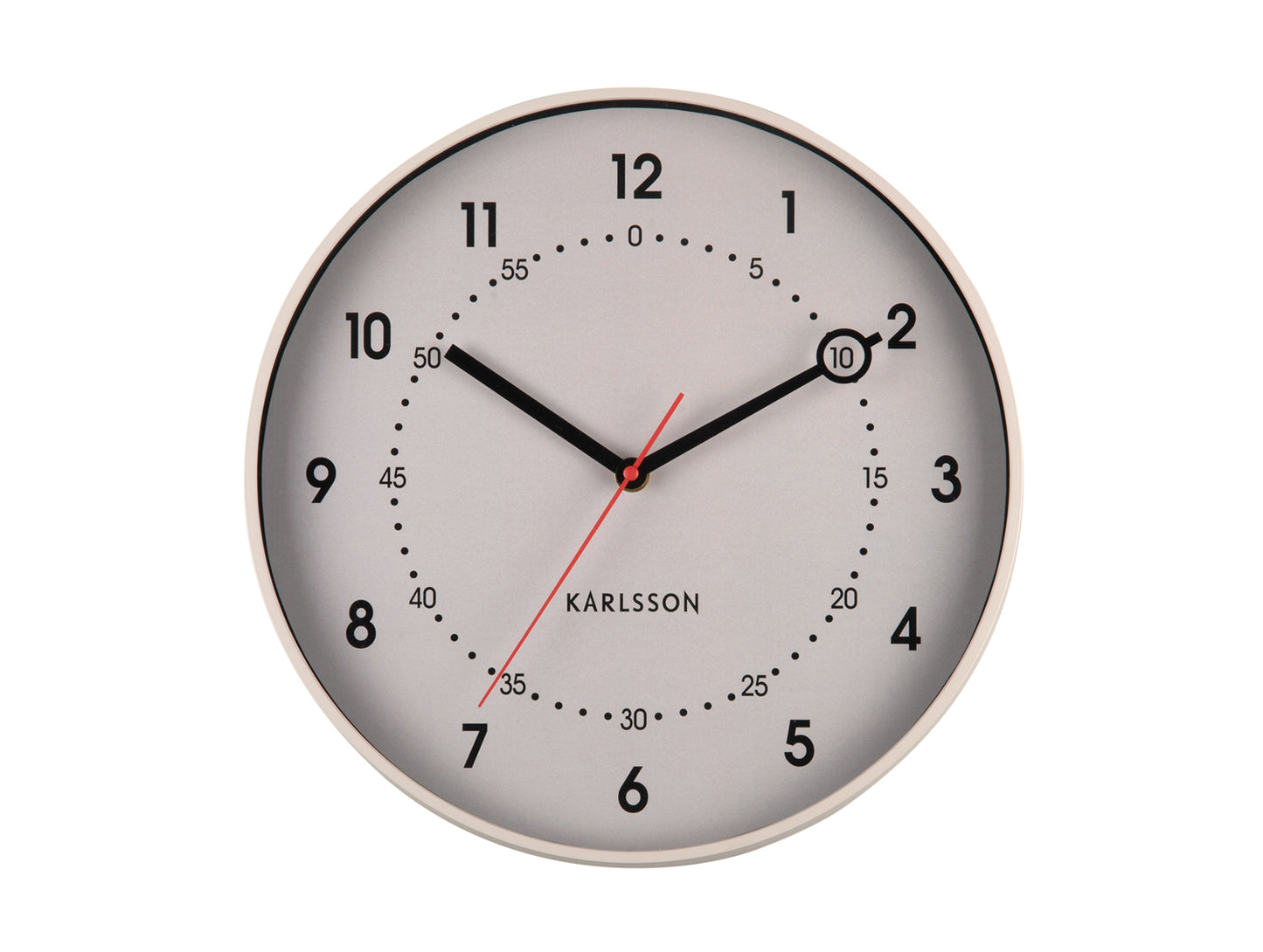 Horloge murale ronde gris chaud avec aiguilles noires, trotteuse rouge et chiffres