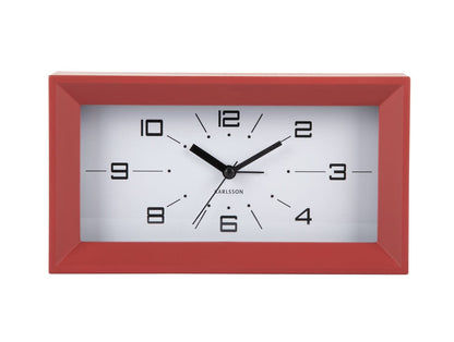 Réveil rectangulaire avec cadre rouge et cadran blanc à chiffres noirs