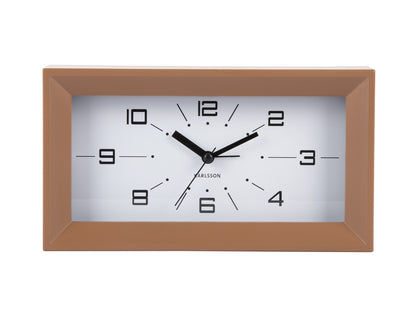 Réveil rectangulaire avec cadre brun moka et cadran blanc, aiguilles noires