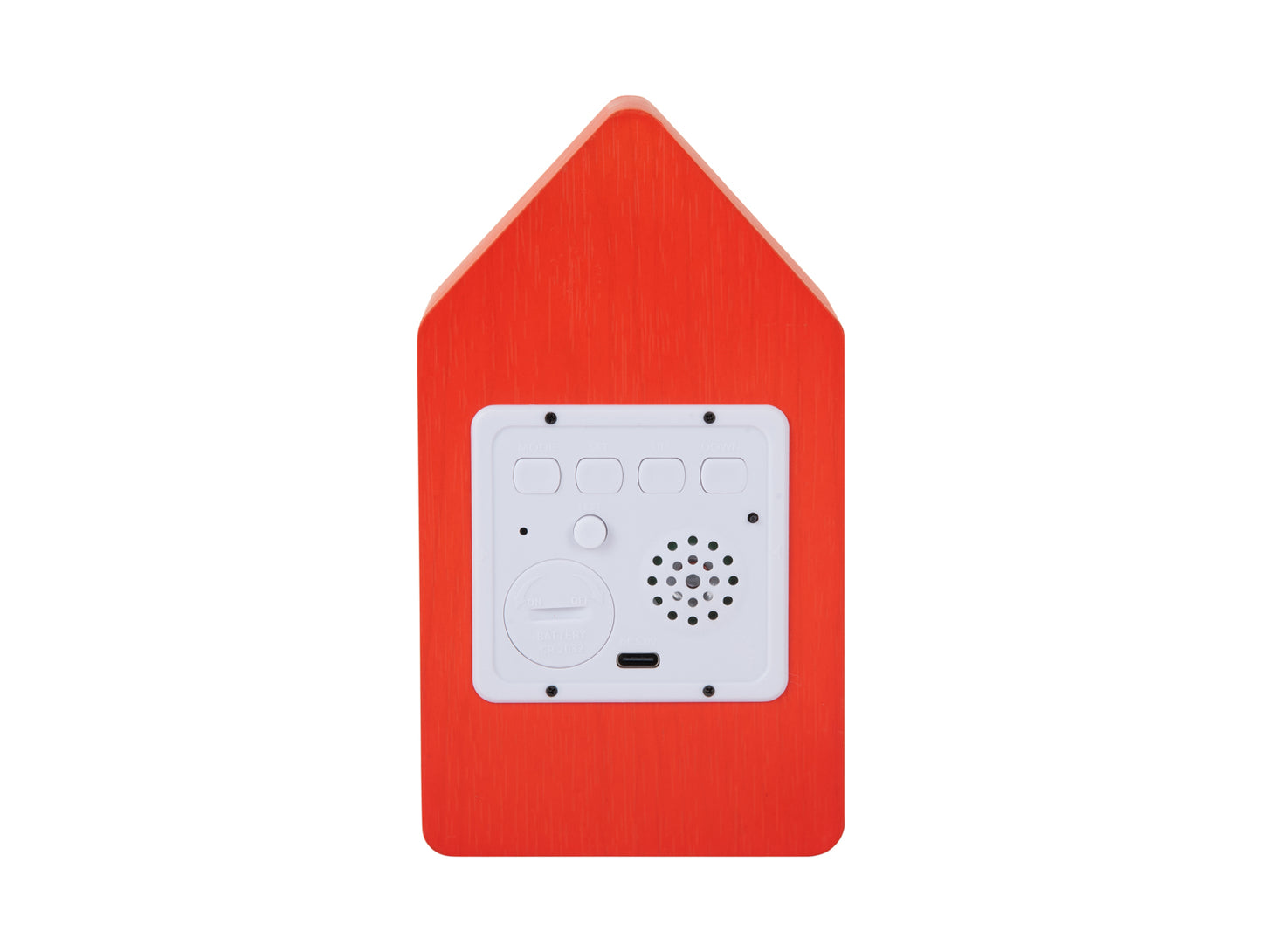 Fond de la pendule coucou LED : maisonnette en bois orange avec panneau de commande et haut-parleur