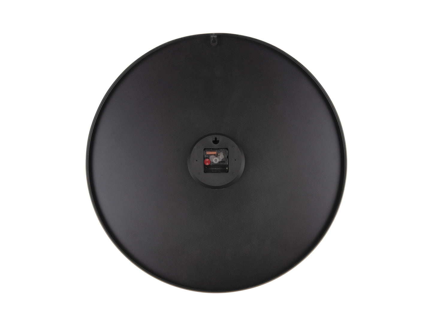 Dos d'une horloge murale : boîtier rond noir avec module d'horloge central