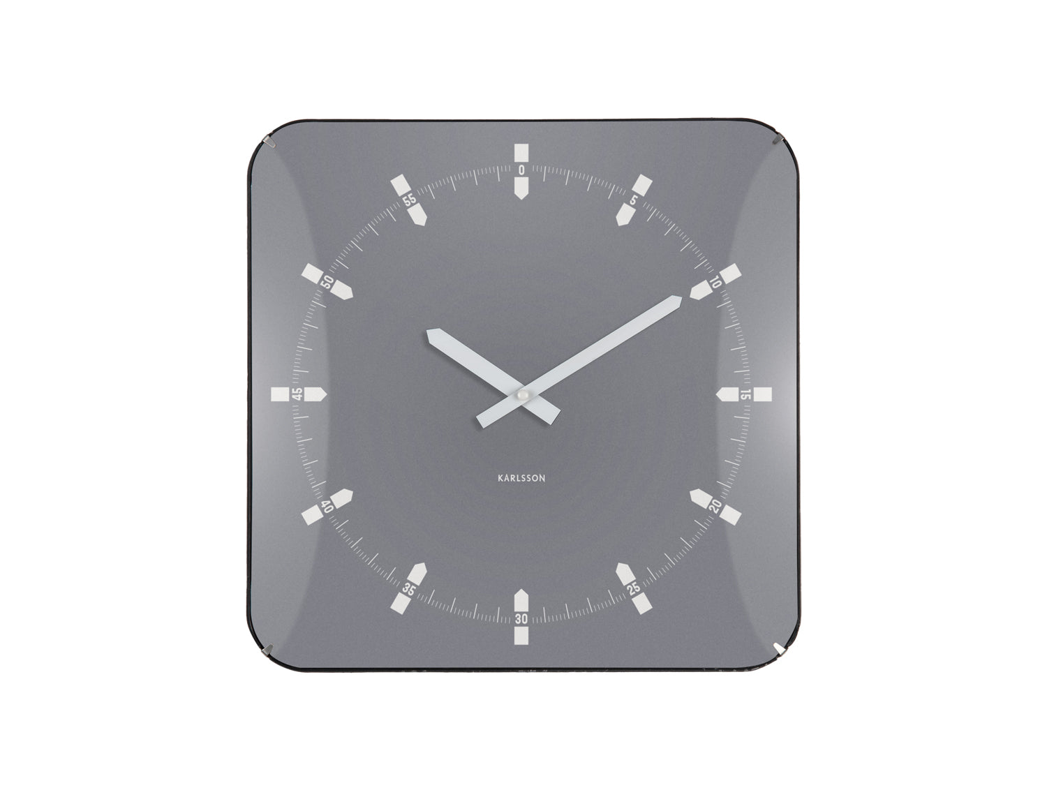 Horloge murale carrée avec cadran gris, index et deux aiguilles blanches