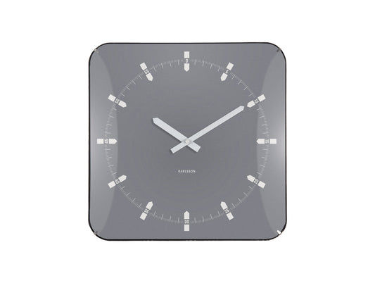 Horloge murale carrée avec cadran gris, index et deux aiguilles blanches