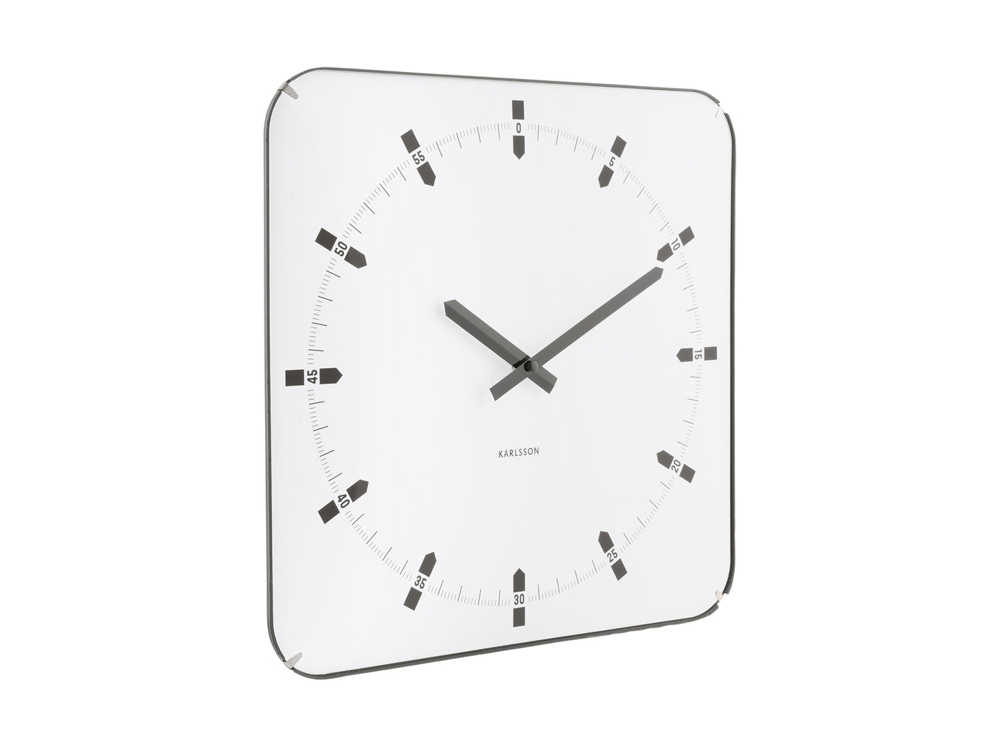 Horloge murale carrée avec verre bombé : cadran blanc, aiguilles noires et index bâtons