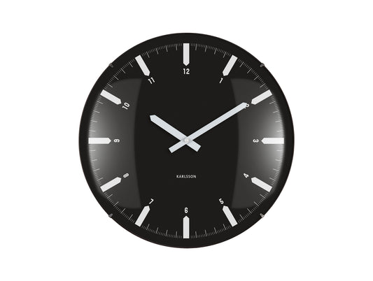 Horloge murale noire avec verre bombé, aiguilles et index blancs