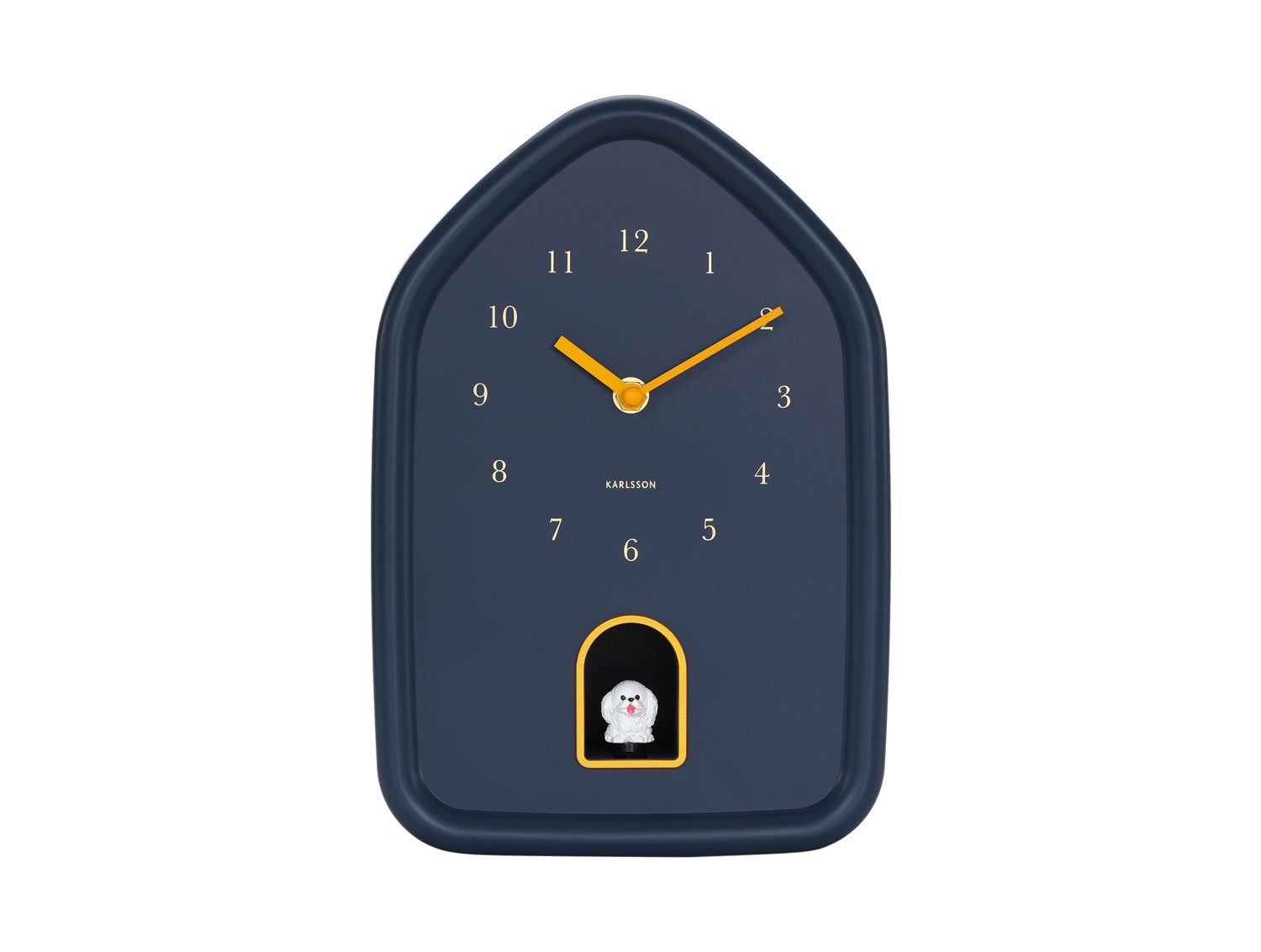Horloge murale bleu foncé avec aiguilles jaunes et motif de chien en bas