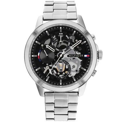 Tommy Hilfiger Herrenarmbanduhr mit silbernem Metallband und schwarzem Skelett-Zifferblatt