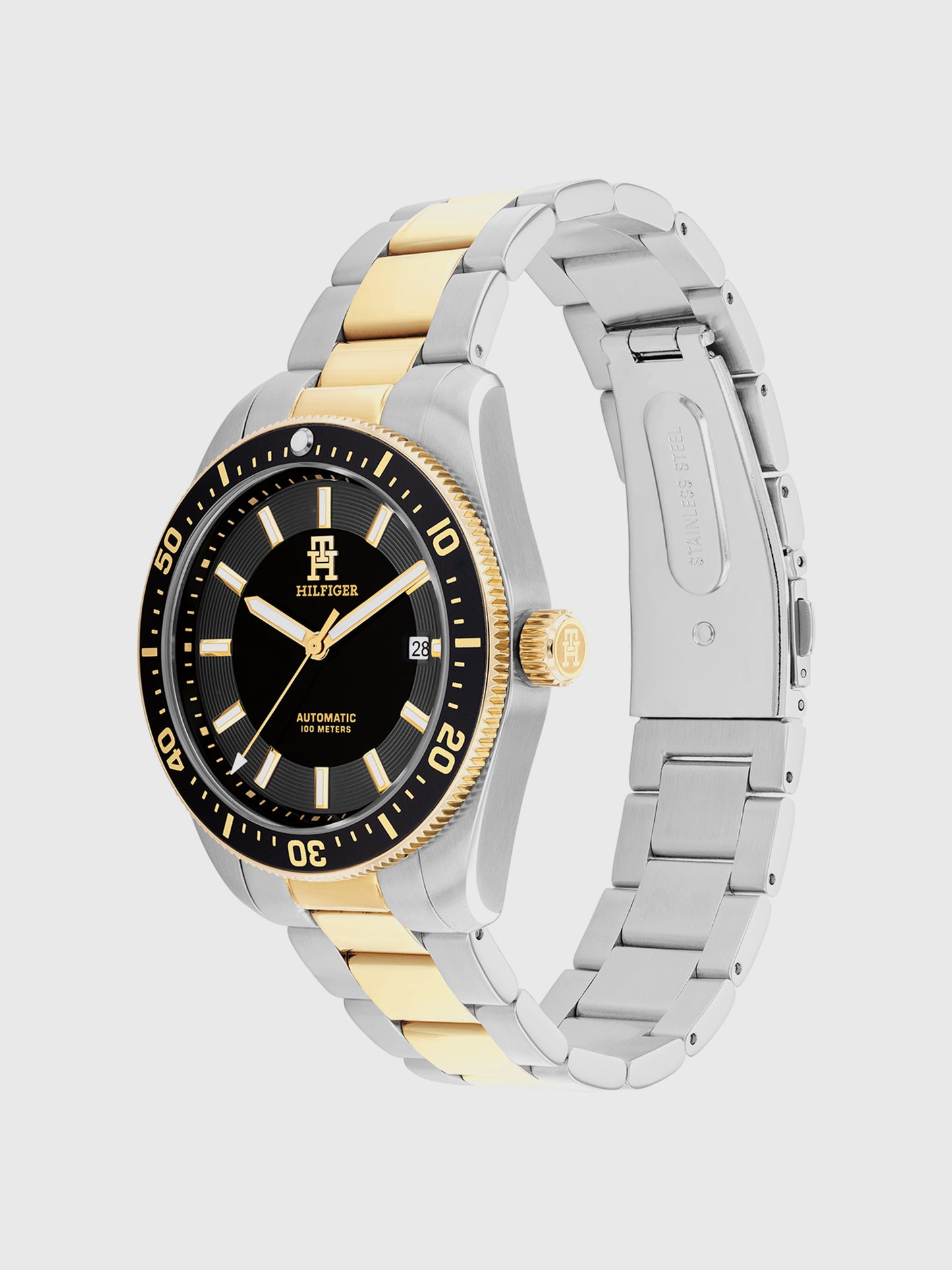 Tommy Hilfiger Herrenarmbanduhr, Seitenansicht: schwarzes Zifferblatt, zweifarbiges Metallband