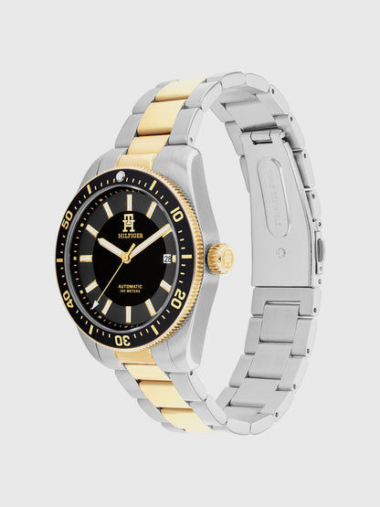 Tommy Hilfiger Herrenarmbanduhr, Seitenansicht: schwarzes Zifferblatt, zweifarbiges Metallband