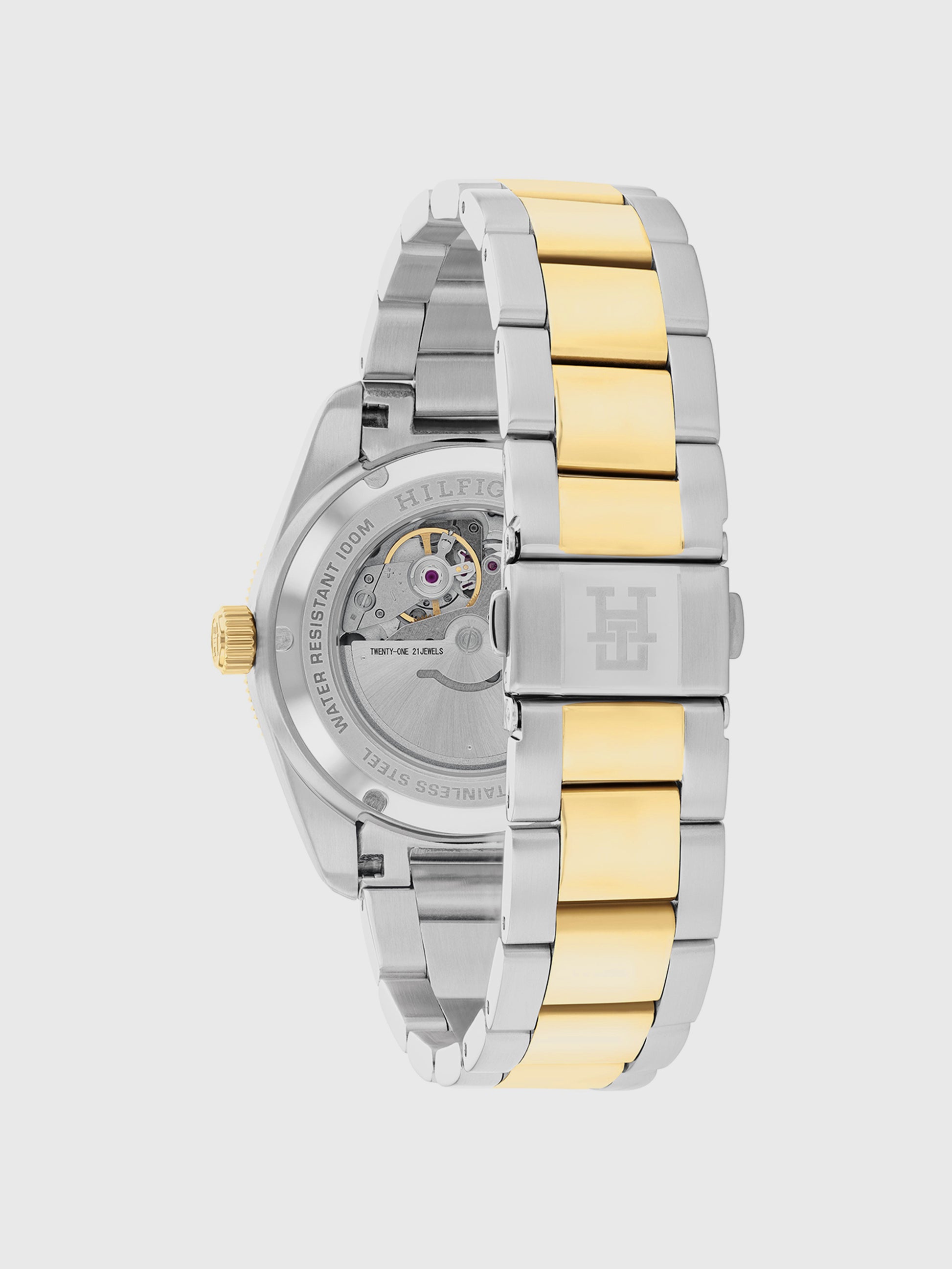 Tommy Hilfiger Herrenarmbanduhr Rückseite mit Glasboden, zweifarbiges Metallband