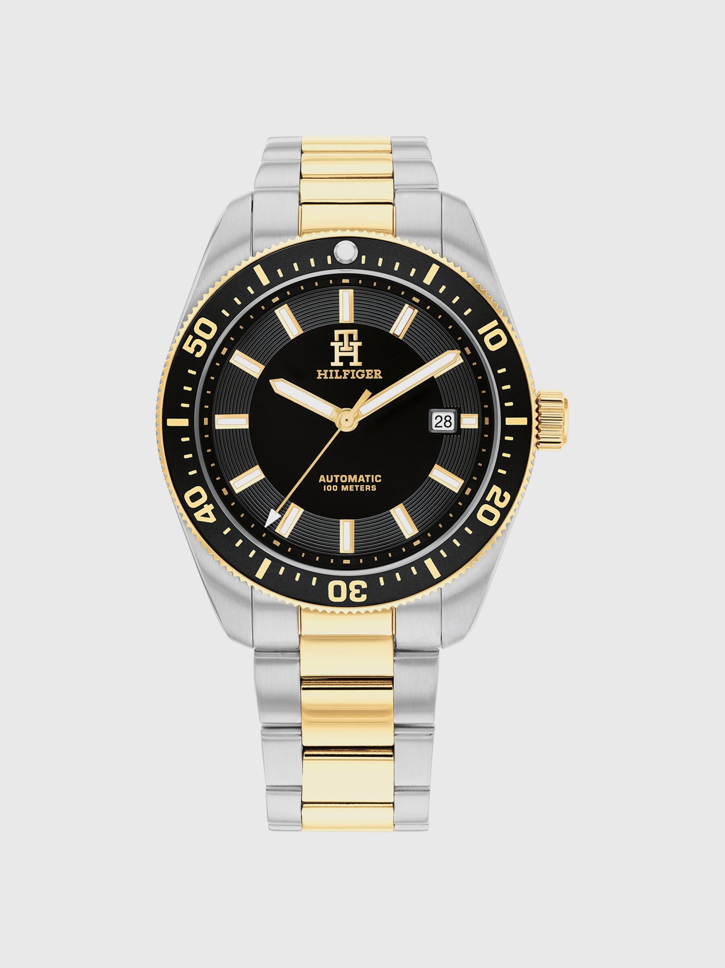 Tommy Hilfiger Herrenarmbanduhr mit schwarzem Zifferblatt und gold-silbernem Metallband