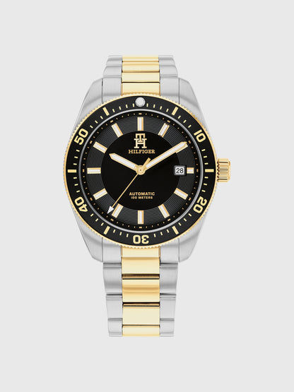 Tommy Hilfiger Herrenarmbanduhr mit schwarzem Zifferblatt und gold-silbernem Metallband