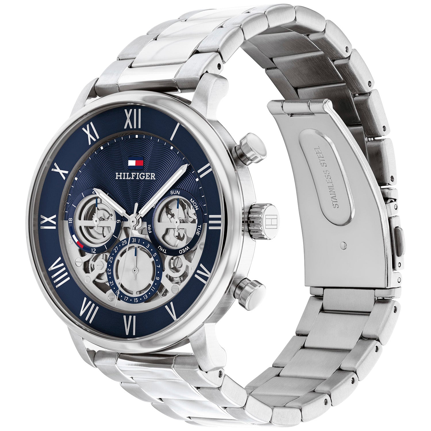 Herrenarmbanduhr mit blauem Zifferblatt, Chronographen-Subziffern und Edelstahlarmband