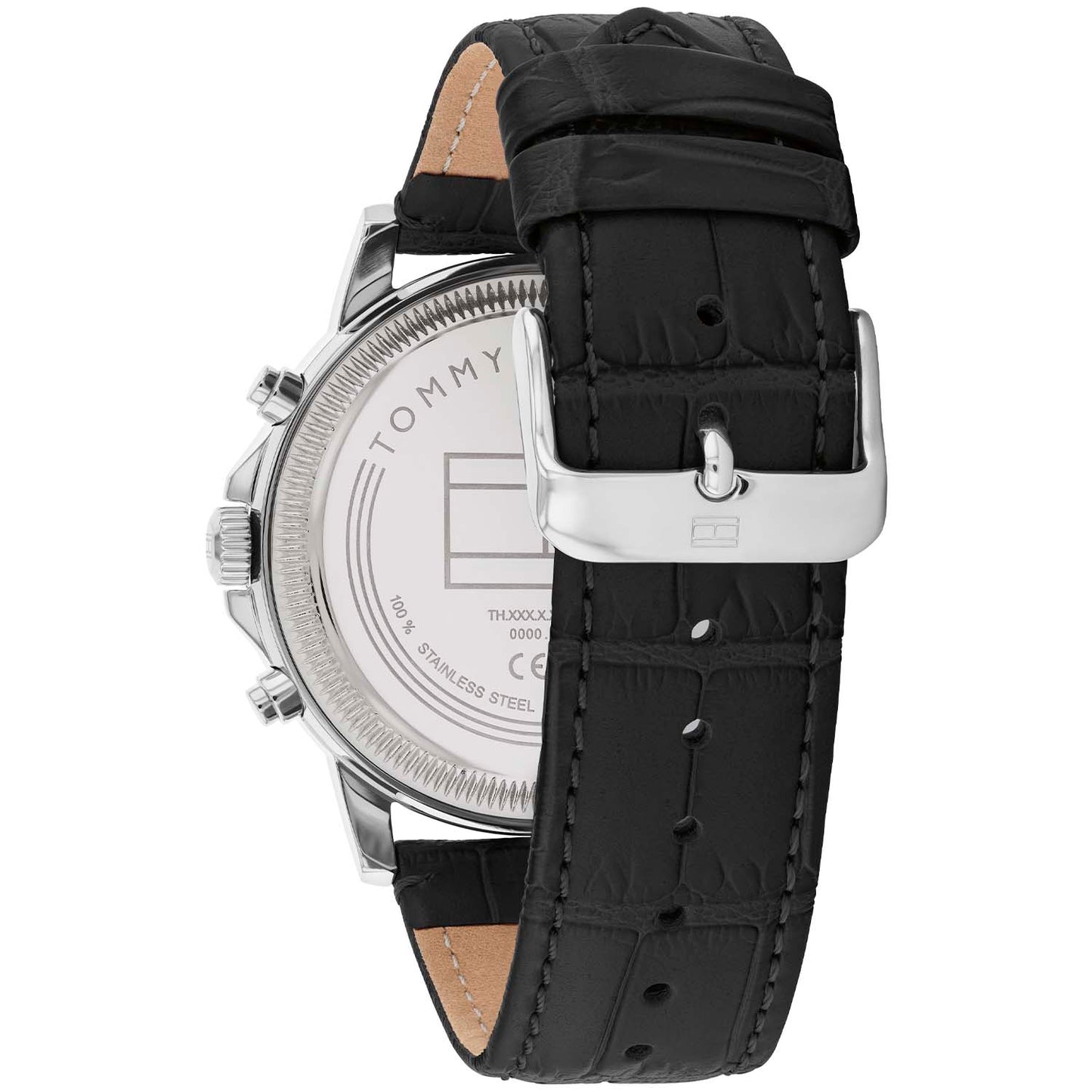 Seitenansicht Herrenquarzuhr mit schwarzem Lederarmband und silbernem Edelstahlgehäuse