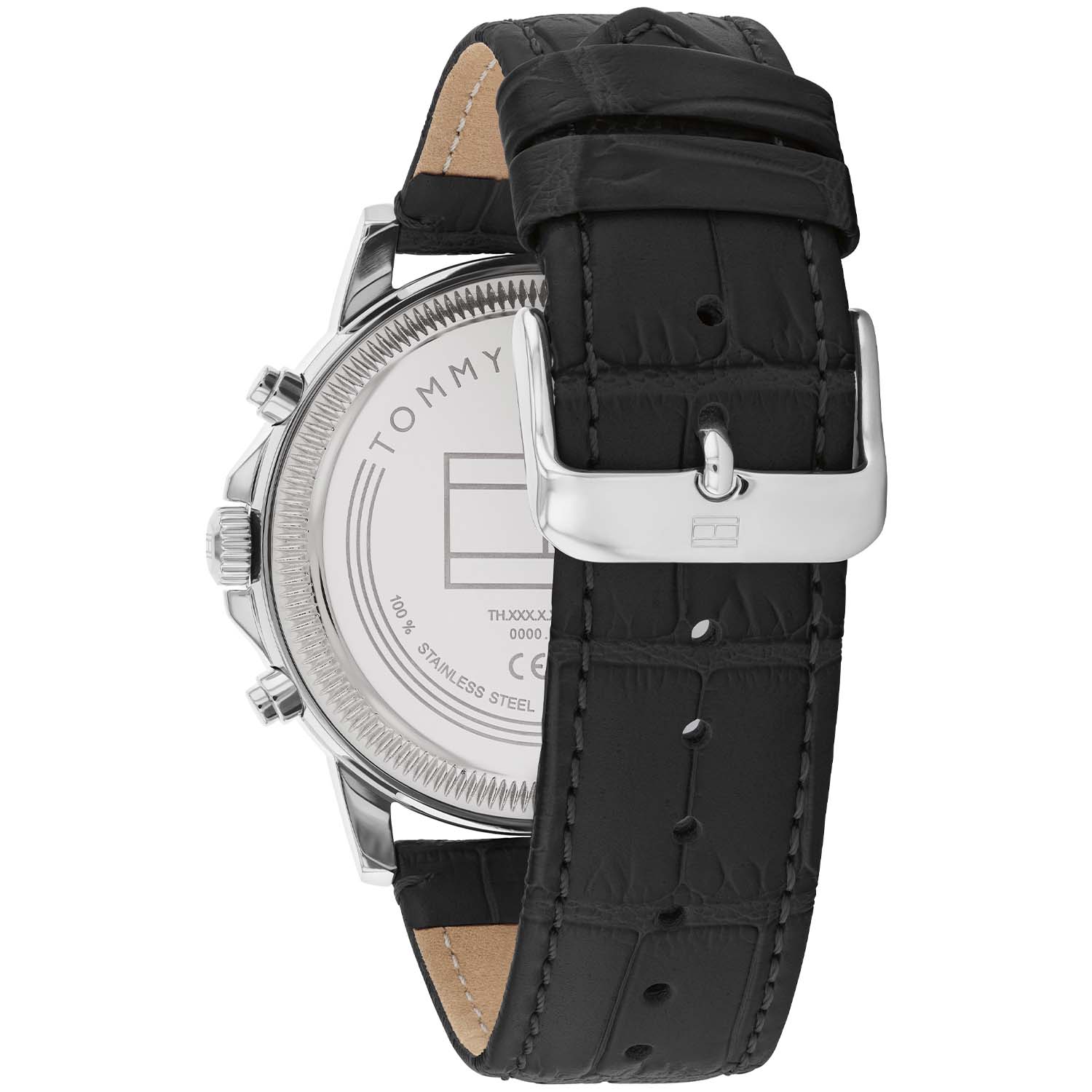Seitenansicht Herrenquarzuhr mit schwarzem Lederarmband und silbernem Edelstahlgehäuse