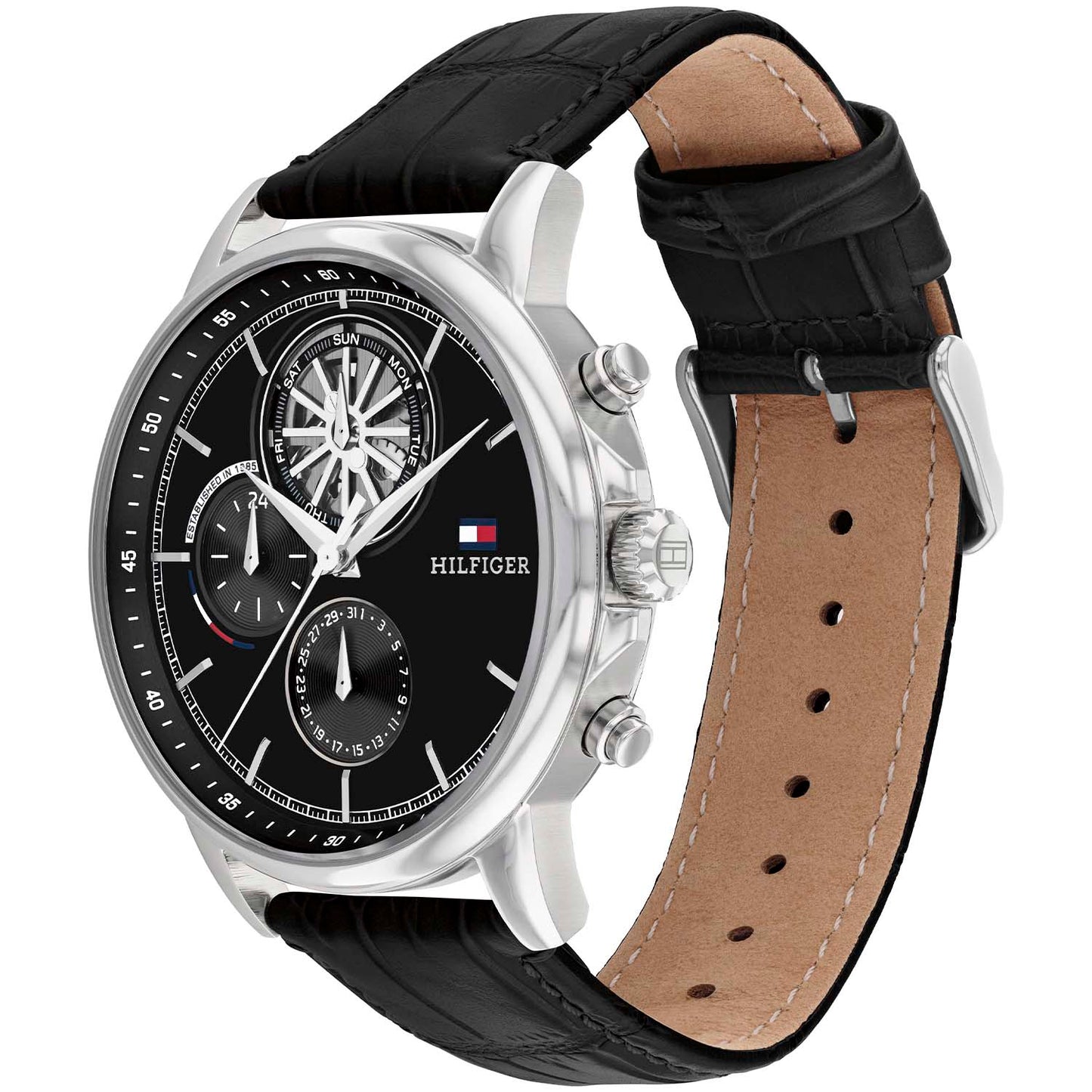 Herrenquarzuhr mit silbernem Edelstahlgehäuse, schwarzem Skeleton-Zifferblatt und schwarzem Lederarmband