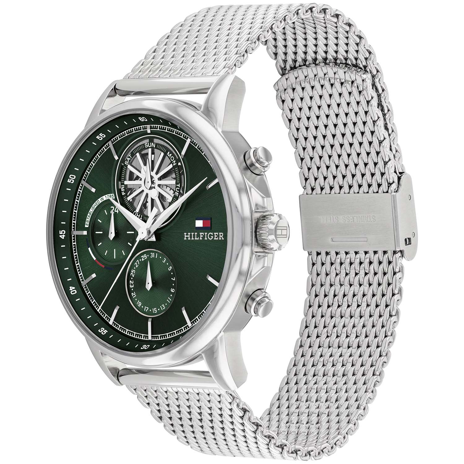 Herrenarmbanduhr, silbernes Edelstahl-Meshband, grünes Zifferblatt mit Zählern
