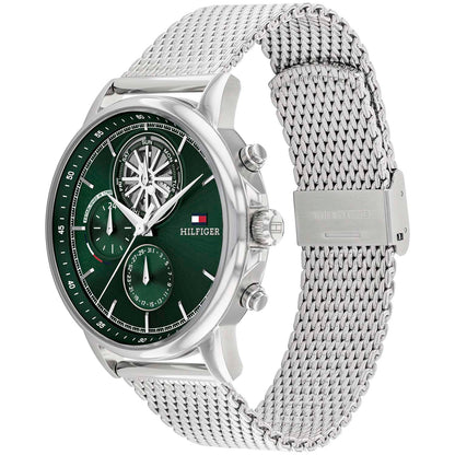 Herrenarmbanduhr, silbernes Edelstahl-Meshband, grünes Zifferblatt mit Zählern