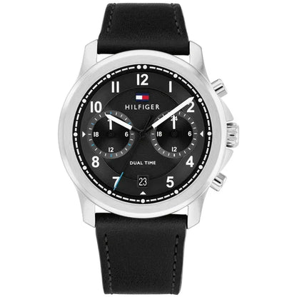 Tommy Hilfiger Herrenarmbanduhr mit schwarzem Zifferblatt und Lederarmband, Dual Time