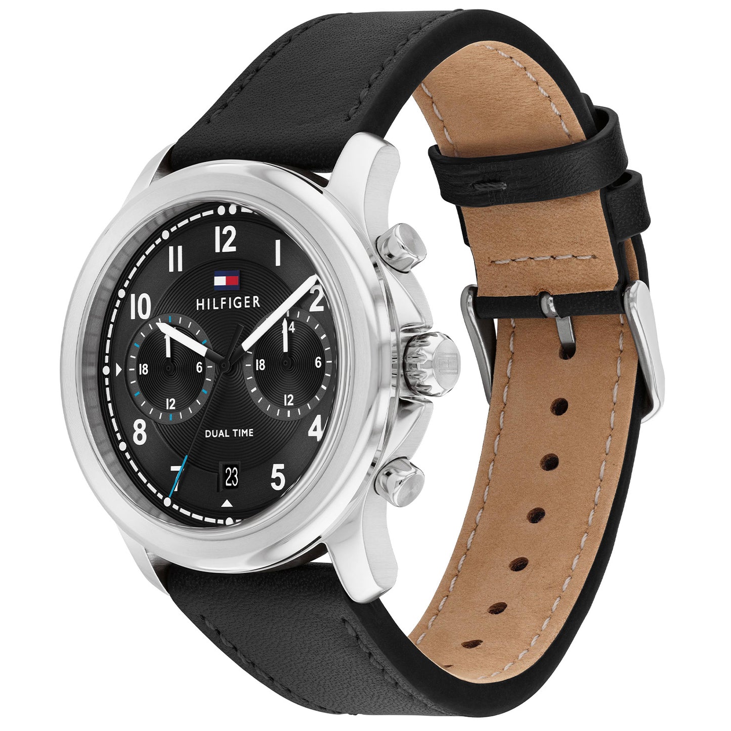 Tommy Hilfiger Herren-Armbanduhr mit silbernem Gehäuse, schwarzem Zifferblatt und Lederarmband