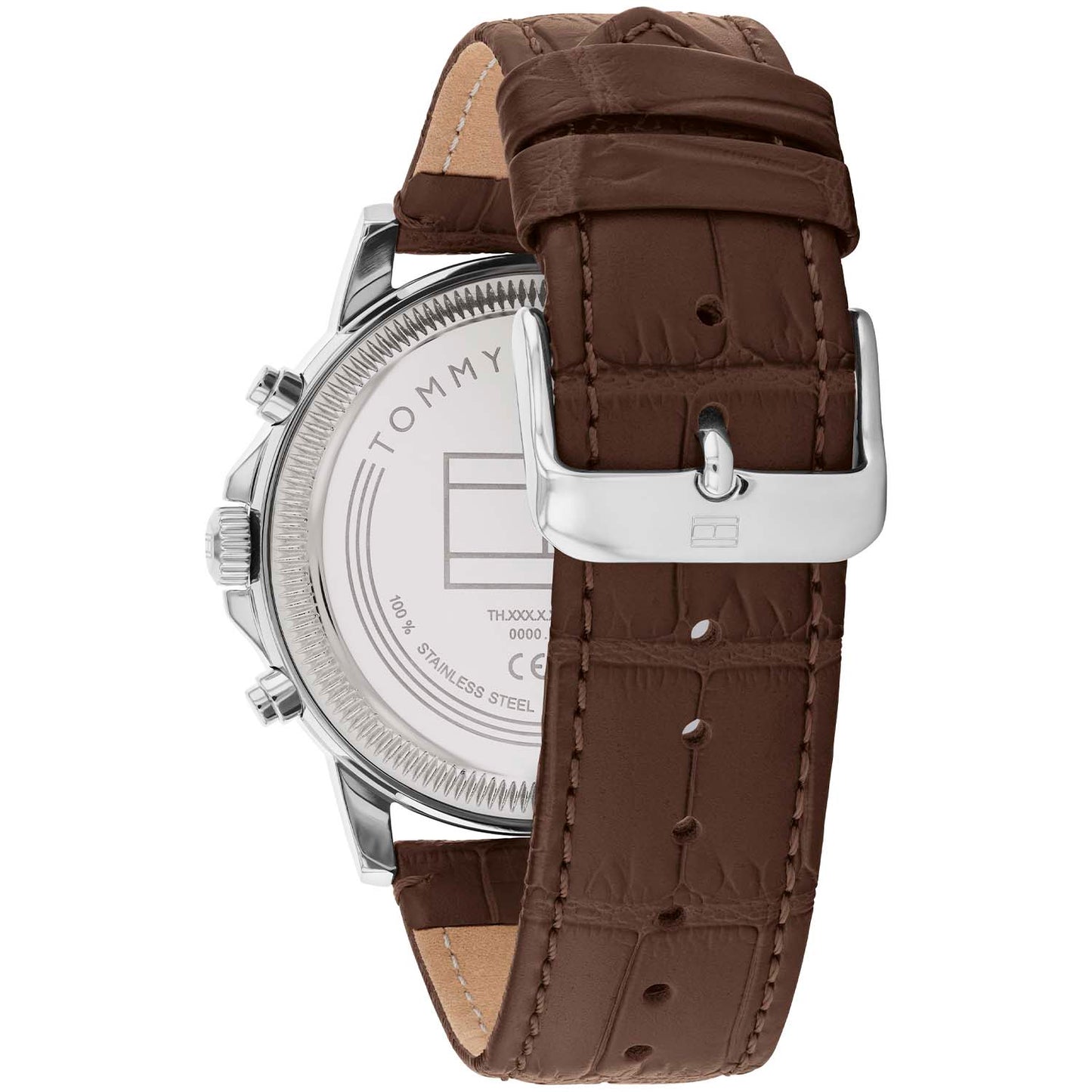 Herrenarmbanduhr mit braunem Lederband und silberner Lünette, blaues Zifferblatt.