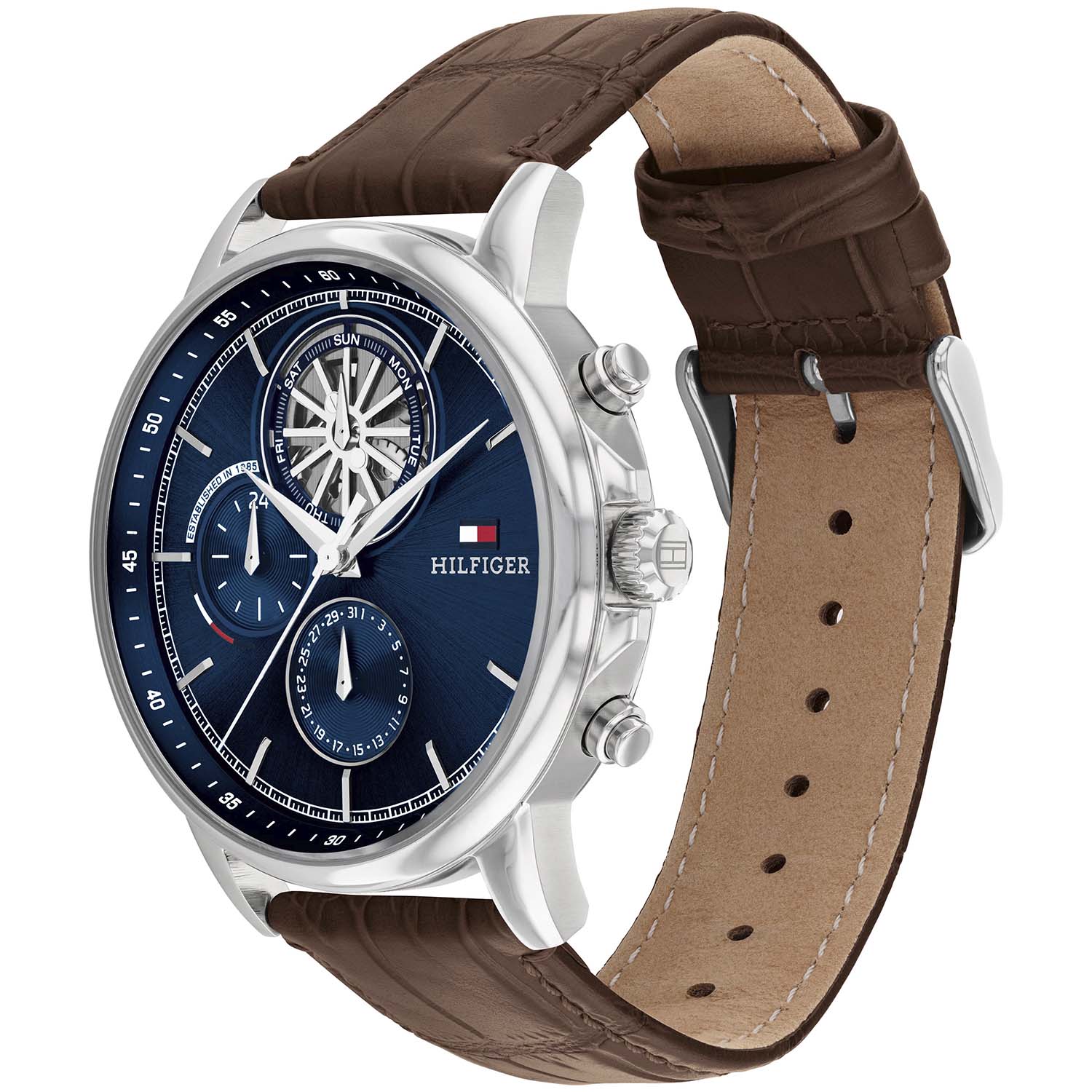 Herrenarmbanduhr, blaues Zifferblatt, silbernes Gehäuse und braunes Lederarmband mit Löchern.