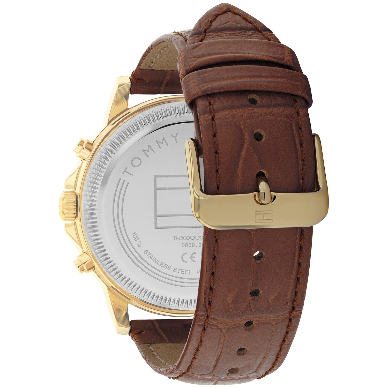 Tommy Hilfiger Quarzuhr mit braunem Lederarmband und goldfarbenem Gehäuse, seitlich
