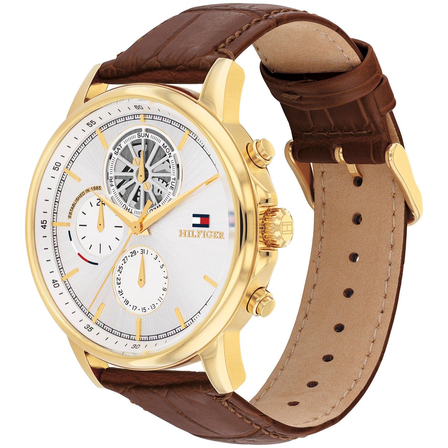 Tommy Hilfiger Quarzuhr mit goldfarbenem Gehäuse, weißem Zifferblatt und braunem Lederarmband