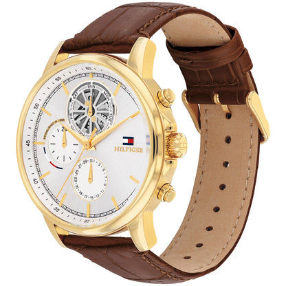 Tommy Hilfiger Quarzuhr mit goldfarbenem Gehäuse, weißem Zifferblatt und braunem Lederarmband