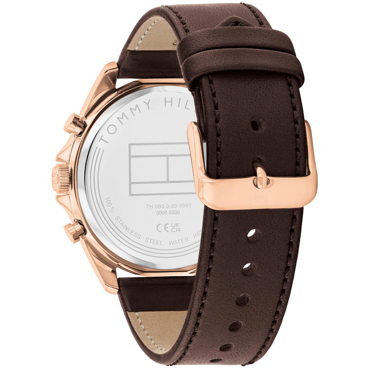 Tommy Hilfiger Armbanduhr-Ansicht von hinten: braunes Lederarmband, Roségoldgehäuse