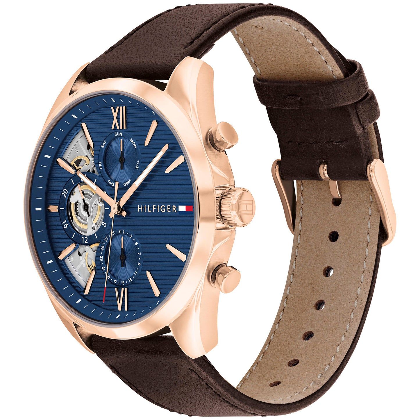 Tommy Hilfiger Armbanduhr mit Roségoldgehäuse, braunem Lederarmband und blauem Zifferblatt